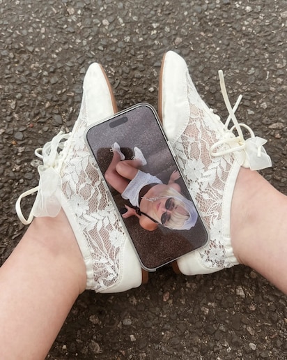 Lifestyle image for @skylarlewthwaite wearing lace sneakerina with Cristina lace flats