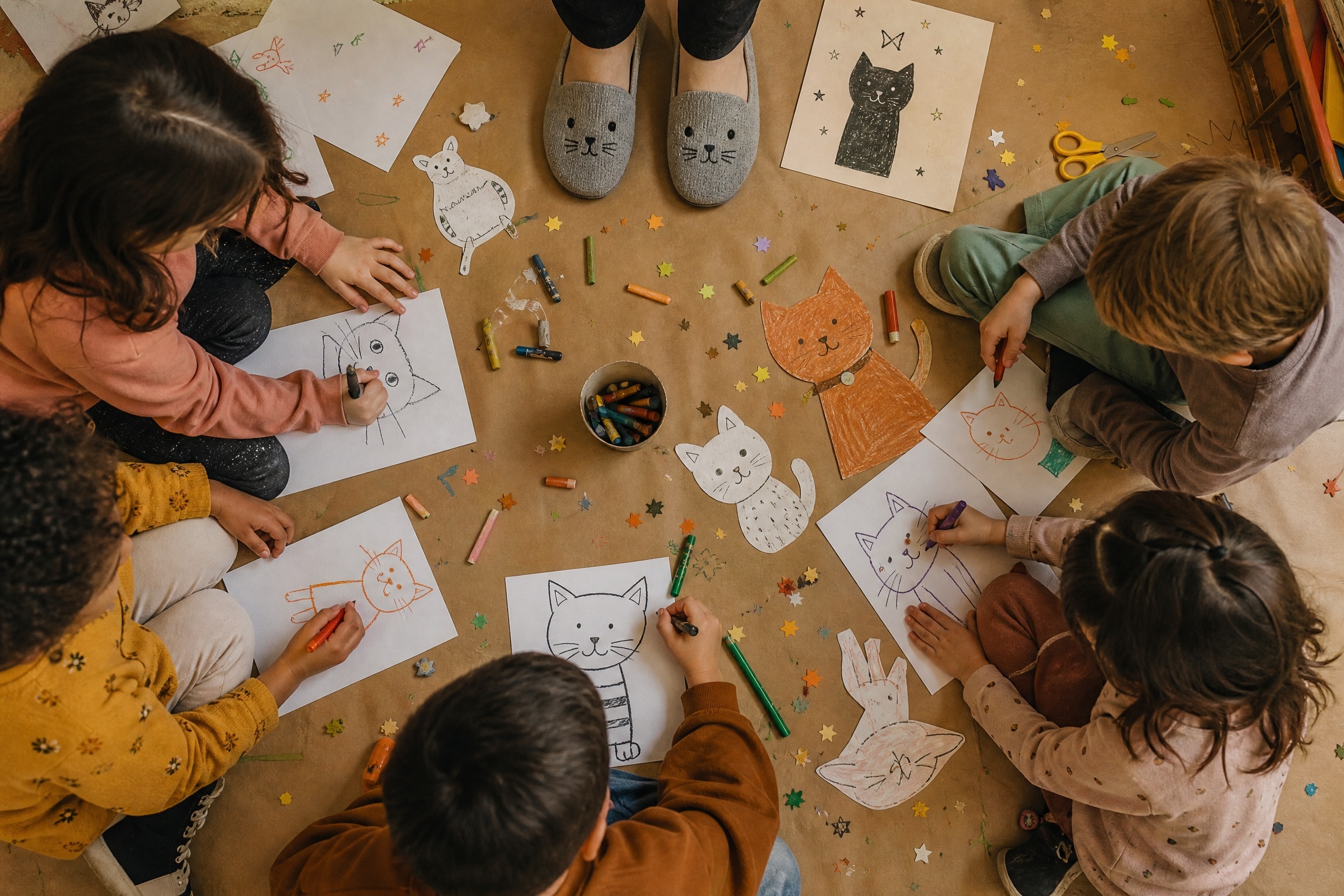 Children drawing cat designs inspired by teacher's VIVAIA Audrey shoes