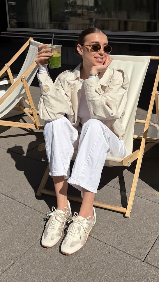 Cafe stop look with white Carol Sneakerinas