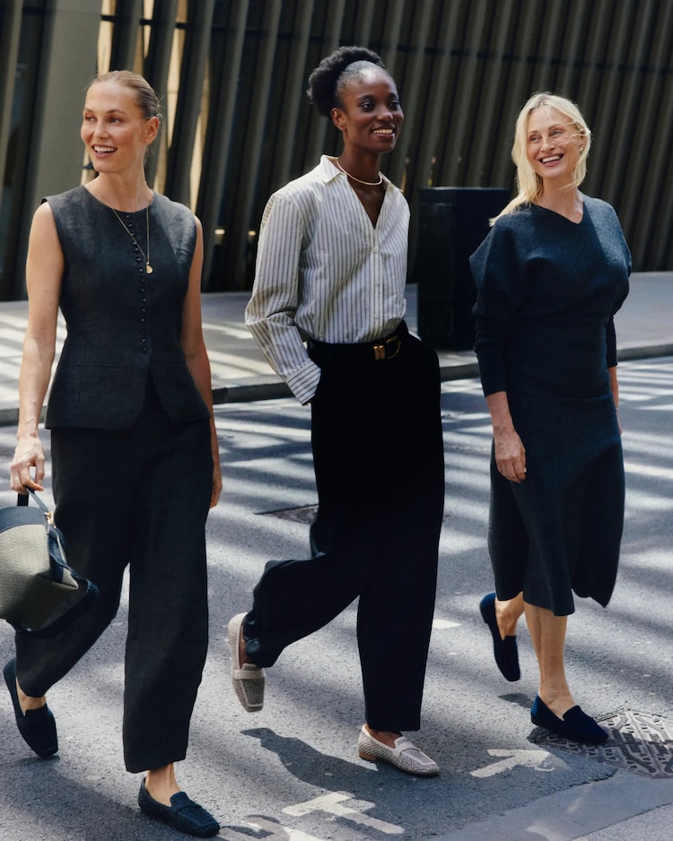 Three women in tailored autumn looks wearing VIVAIA loafers