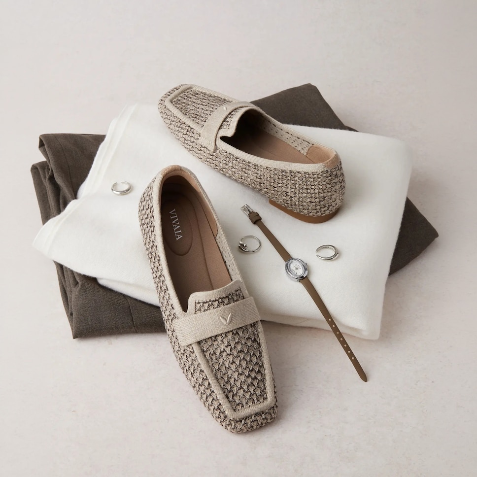VIVAIA knit square-toe loafers styled with autumn essentials