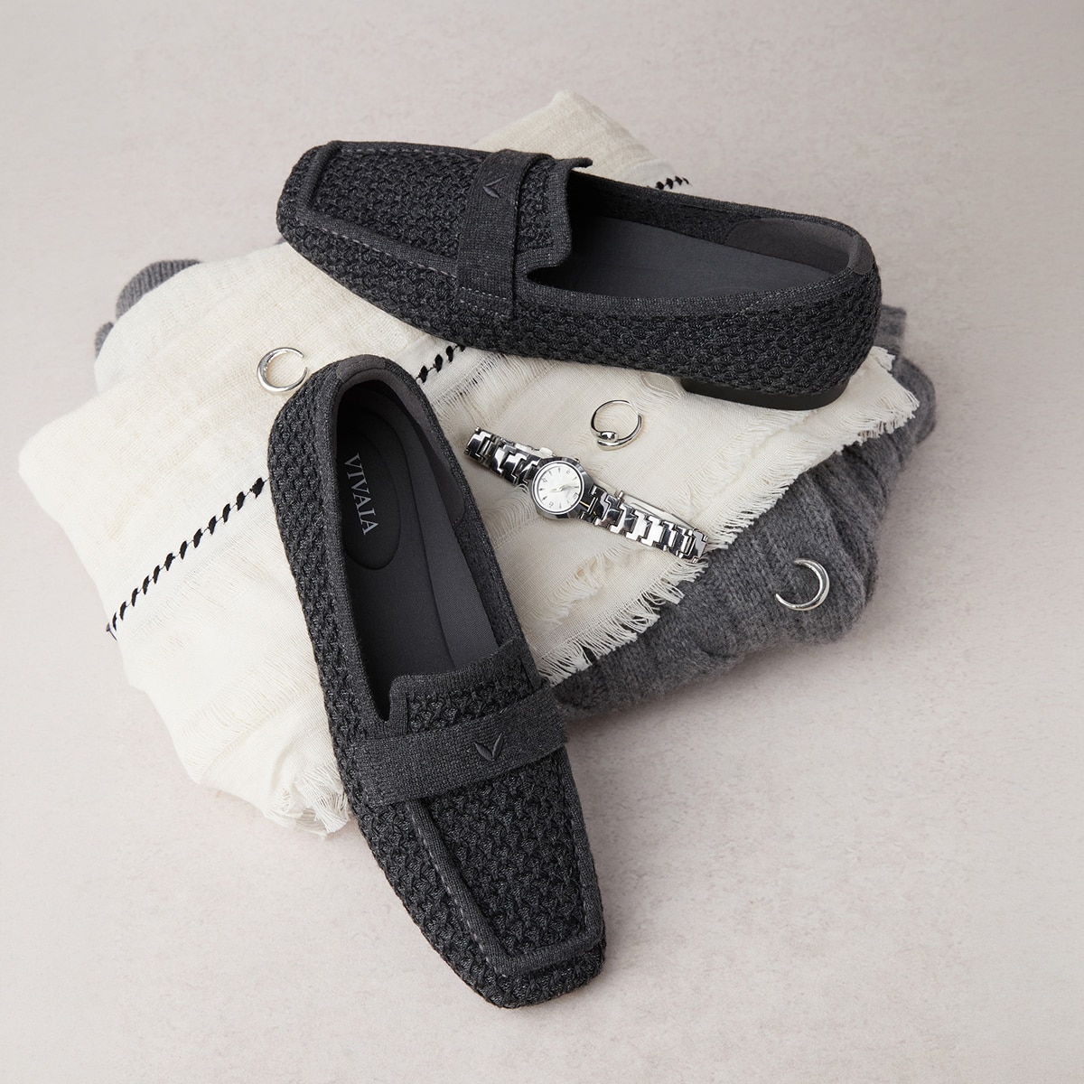 VIVAIA knit square-toe loafers styled with autumn essentials