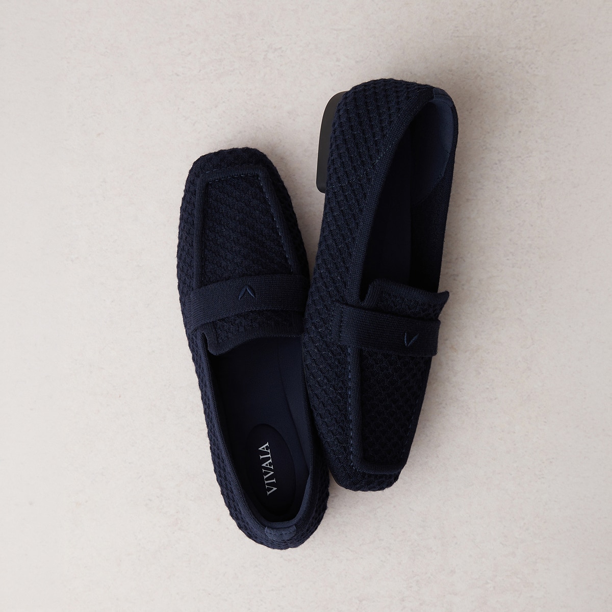 VIVAIA knit square-toe loafers shown from above