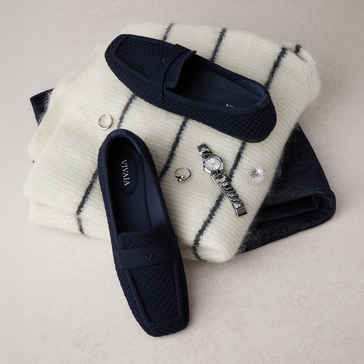 VIVAIA knit square-toe loafers styled with autumn essentials