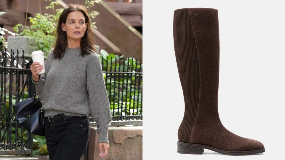 Katie Holmes wearing Vivaia Aida boots in New York City.