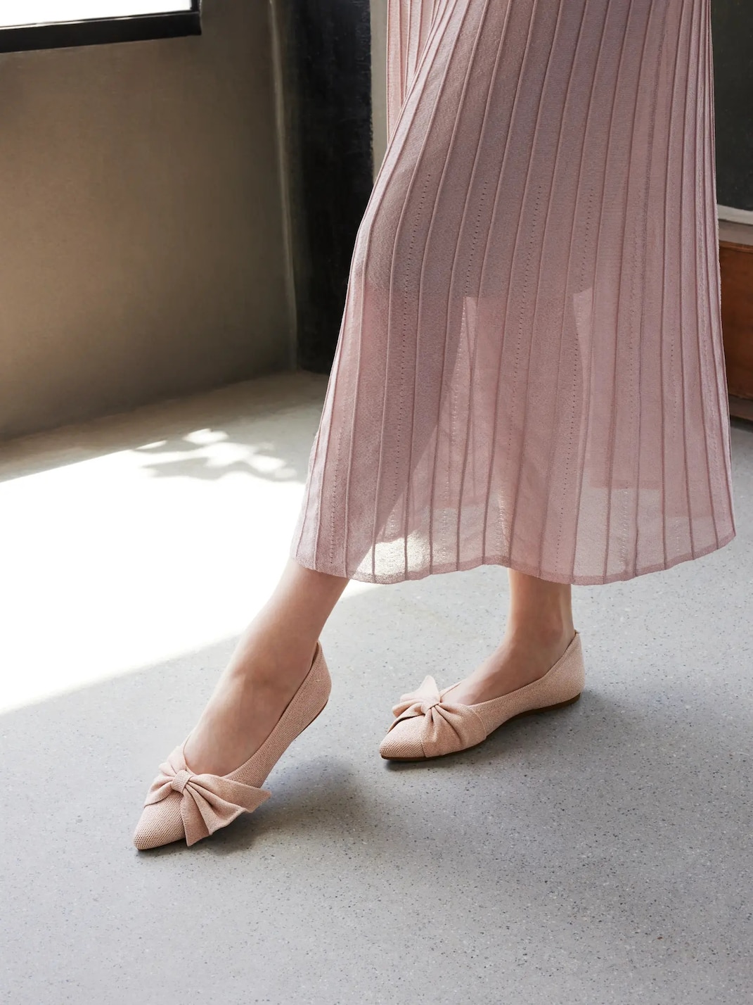 VIVAIA Azura Rose Gold Pointed-Toe Bow Flats – front view