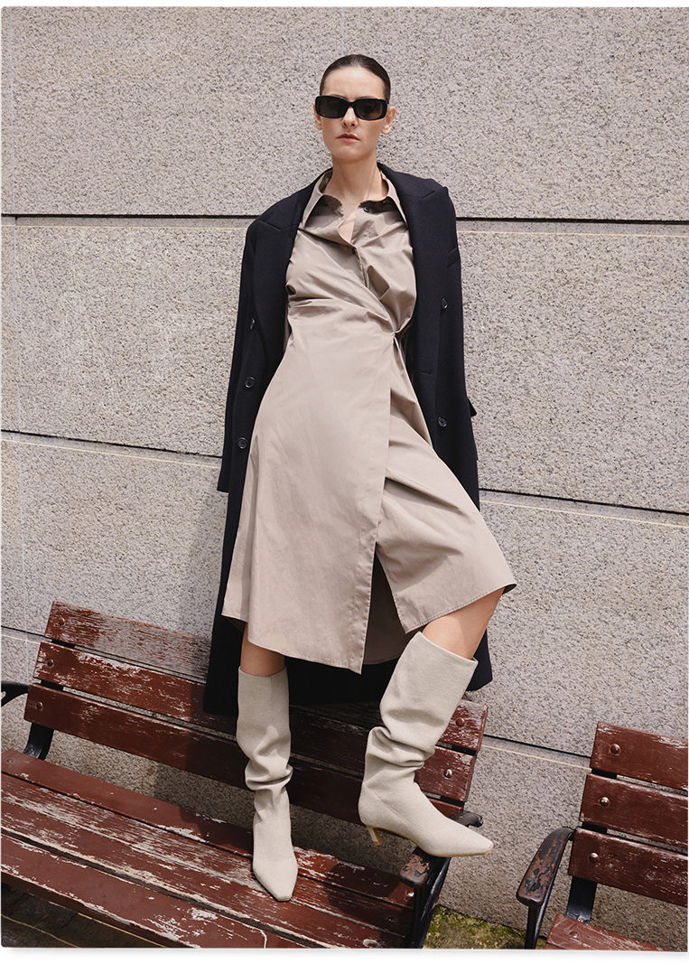 Rumi] スクエアトゥ スロウィー ニーハイ キトゥンヒール ブーツ