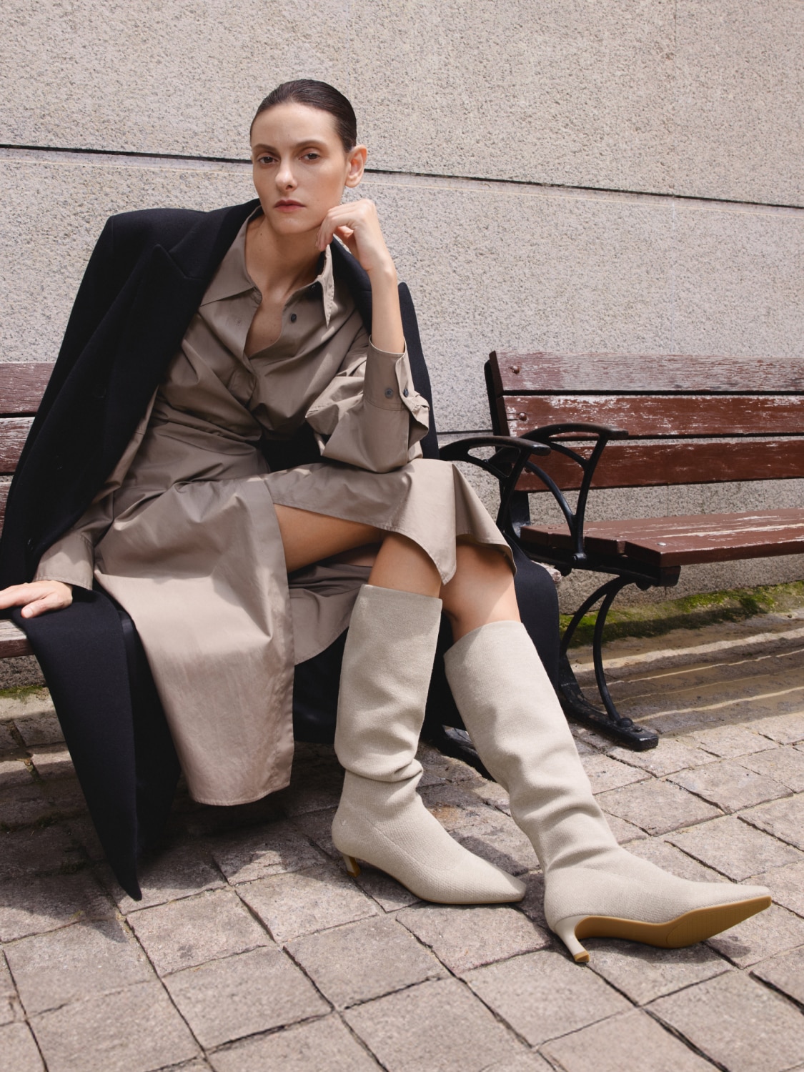 Rumi] スクエアトゥ スロウィー ニーハイ キトゥンヒール ブーツ