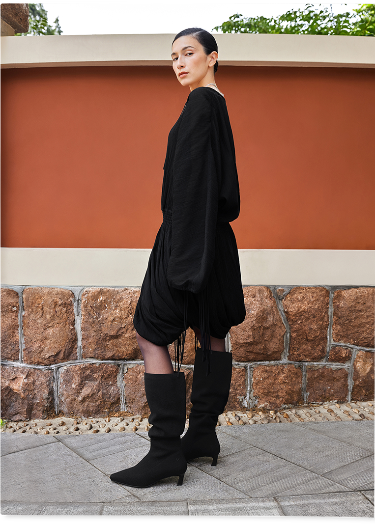 Rumi] スクエアトゥ スロウィー ニーハイ キトゥンヒール ブーツ