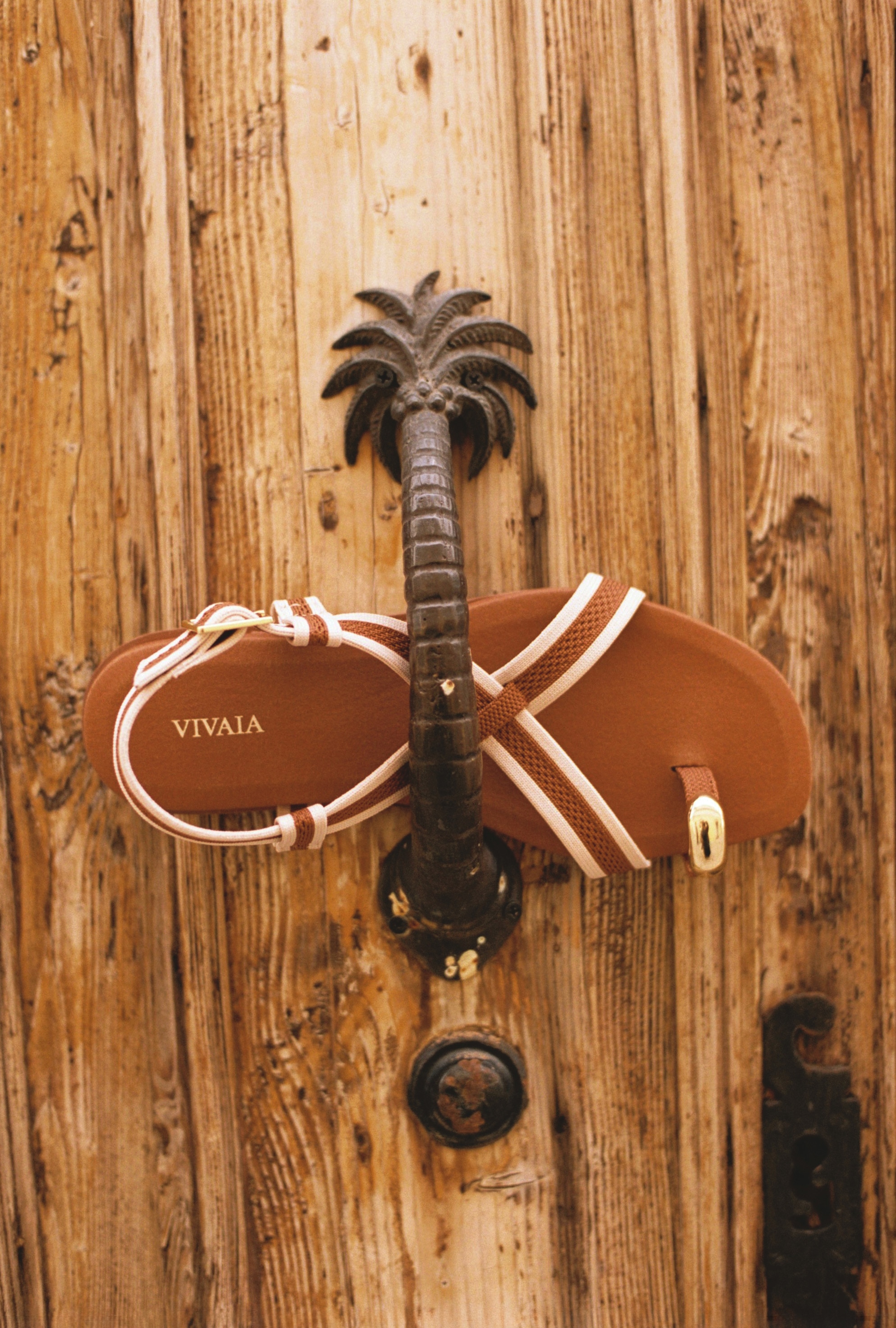 Single sandal displayed on a wooden door with a palm hook in a film-frame border