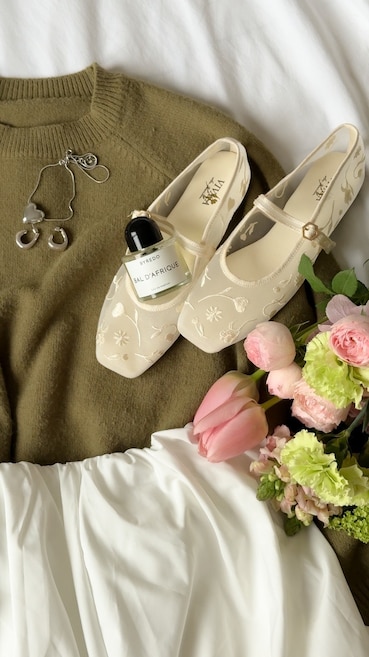 Lifestyle styling photo featuring VIVAIA limited-edition Mary Janes