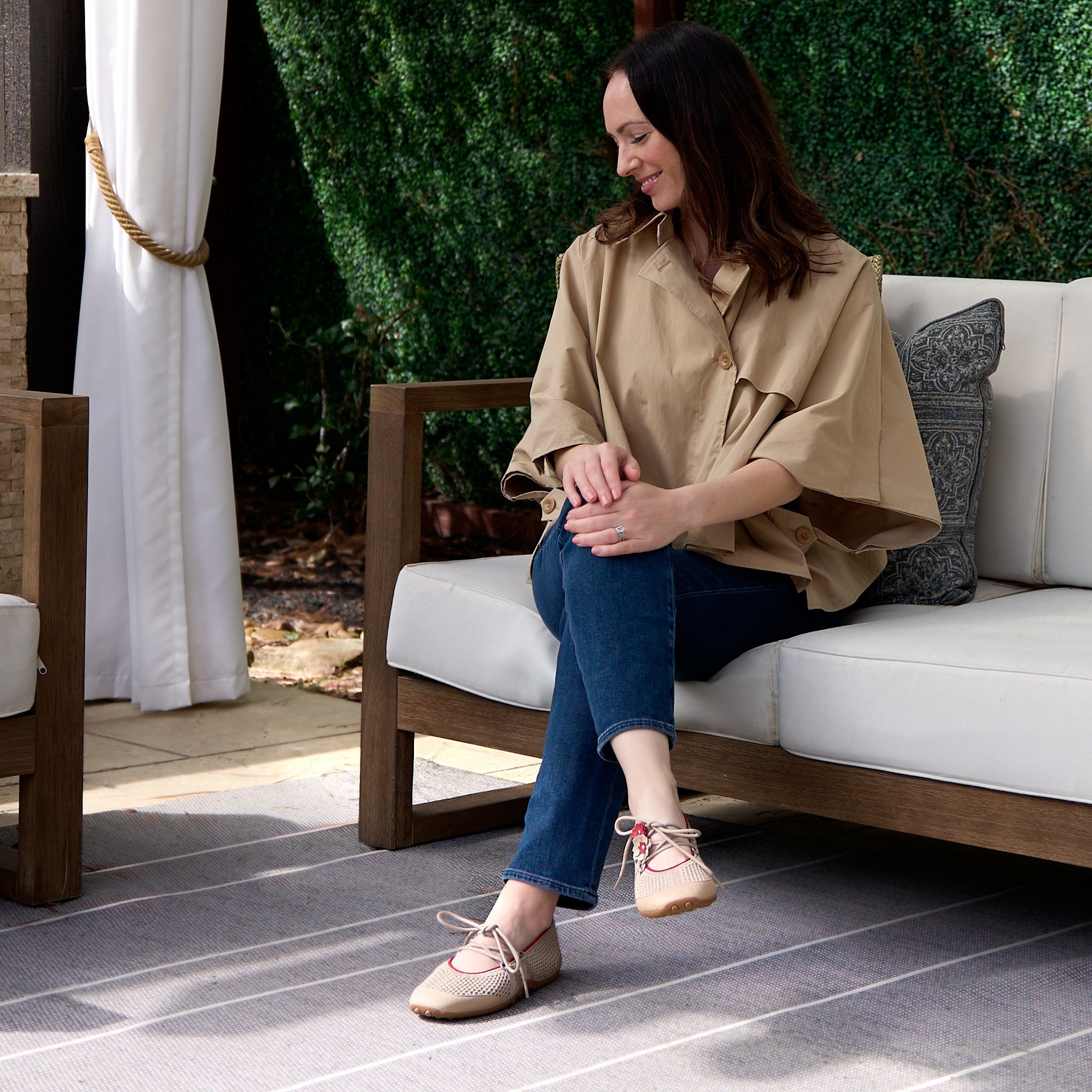 KOL wearing almond Hybrid Mesh Mary Janes on patio