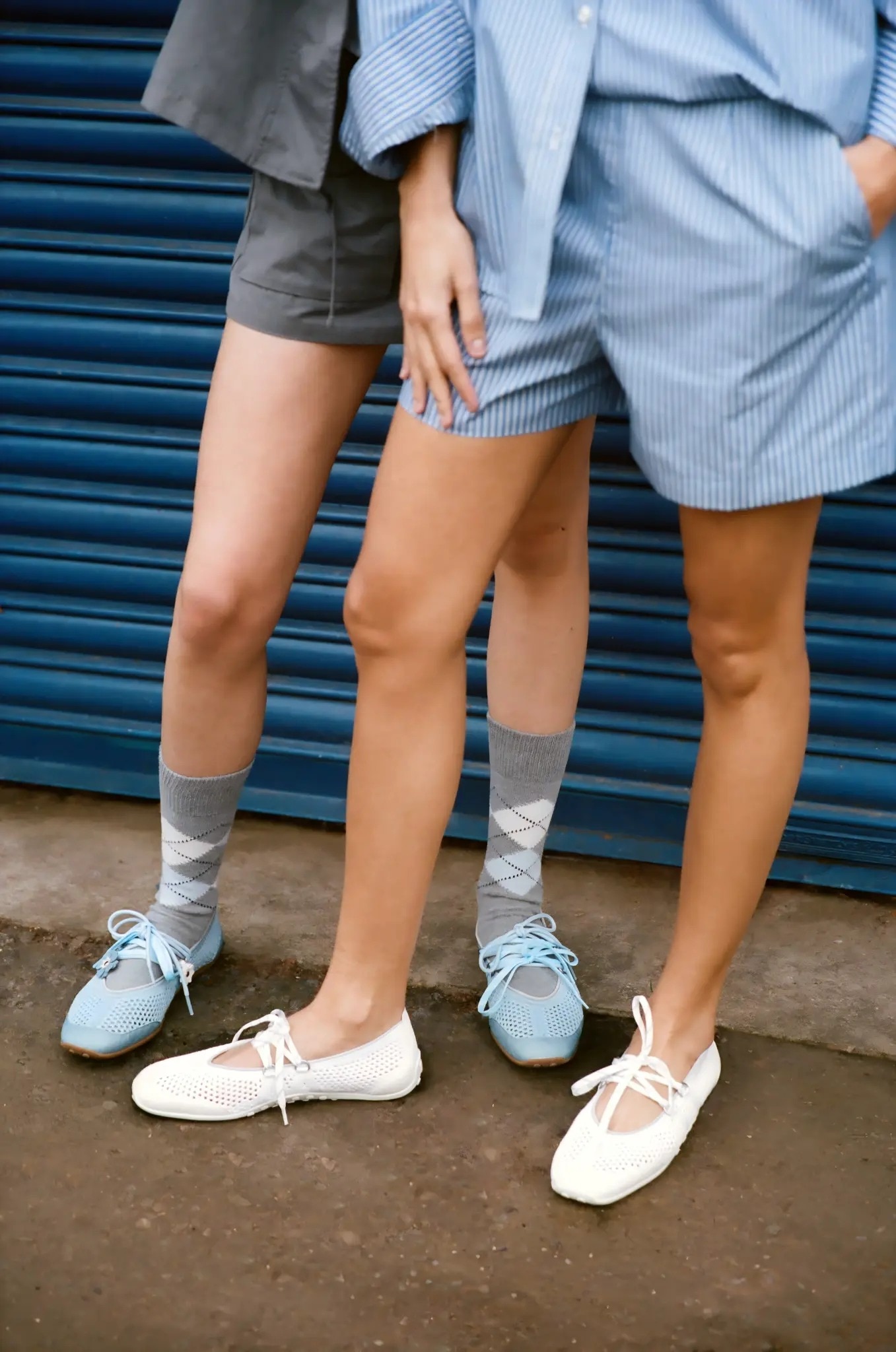 Two KOLs wearing blue and white Hybrid Mesh Mary Janes