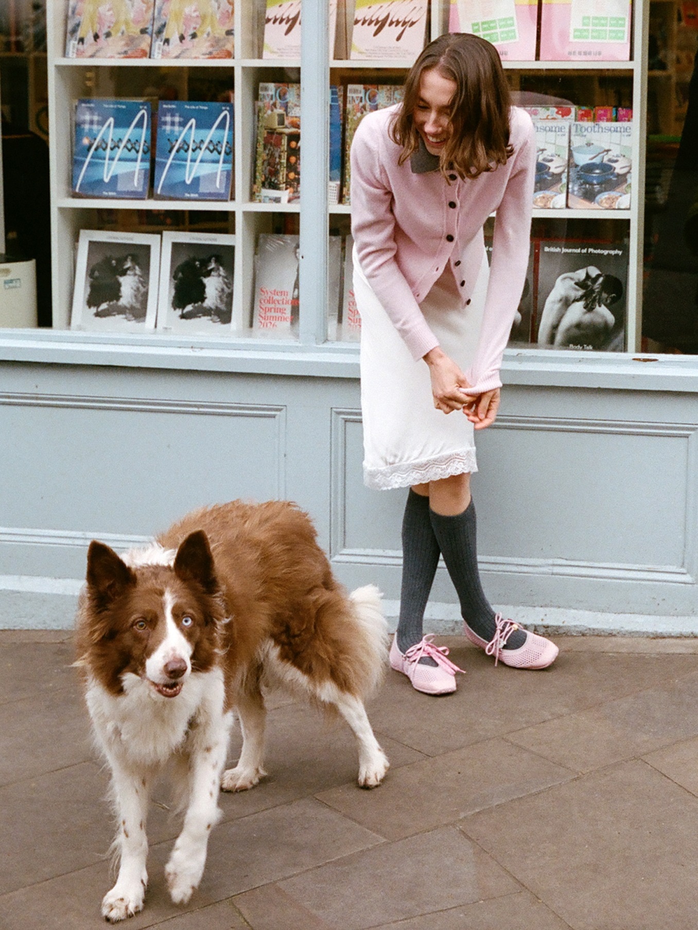 KOL wearing pink Hybrid Mesh Mary Janes with dog outside bookshop