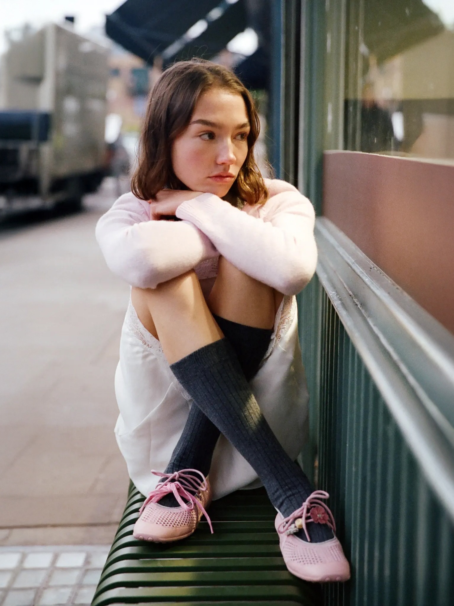 KOL wearing pink Hybrid Mesh Mary Janes seated