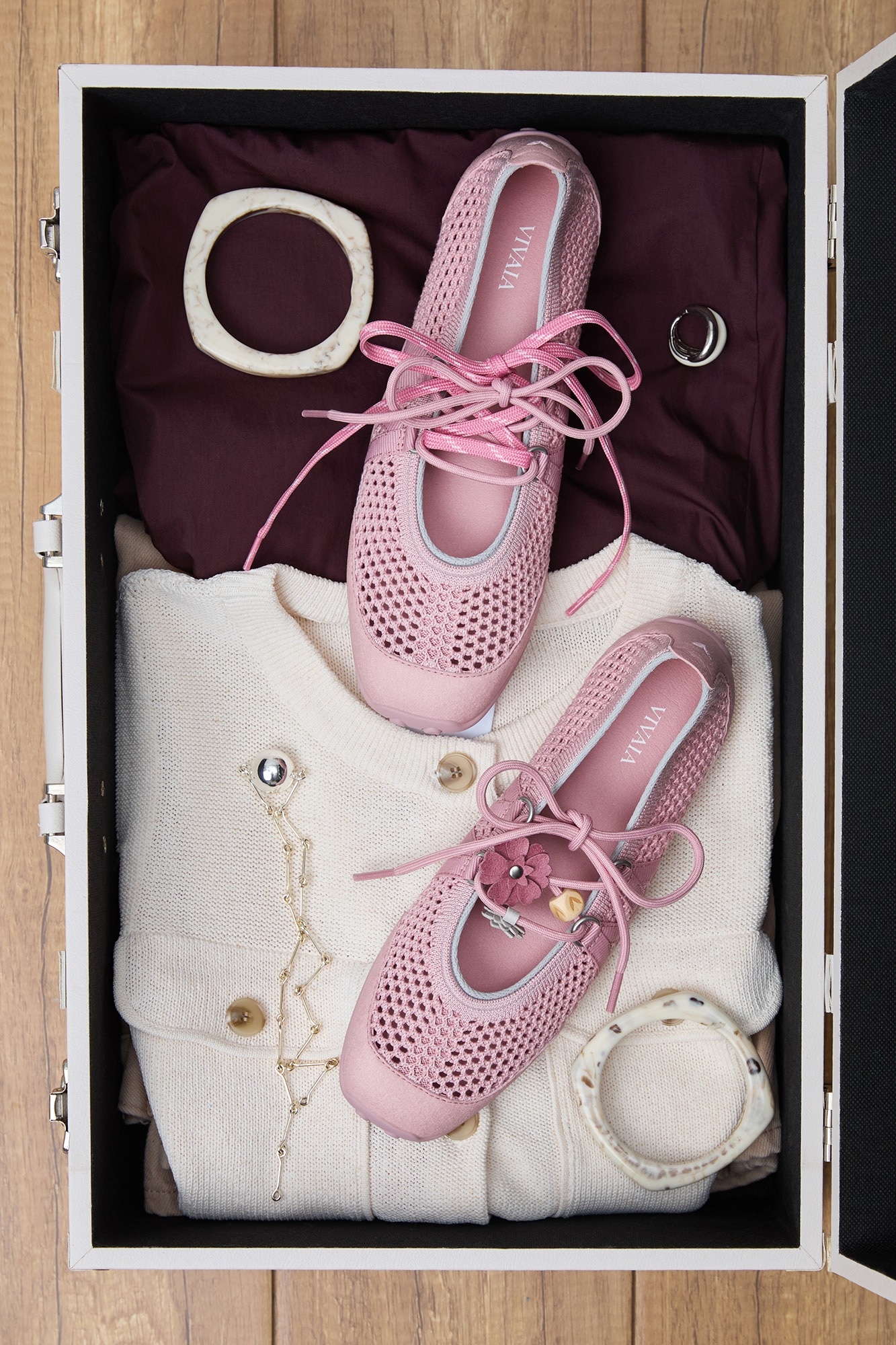Hybrid Mesh Mary Janes — Dusty Pink in suitcase