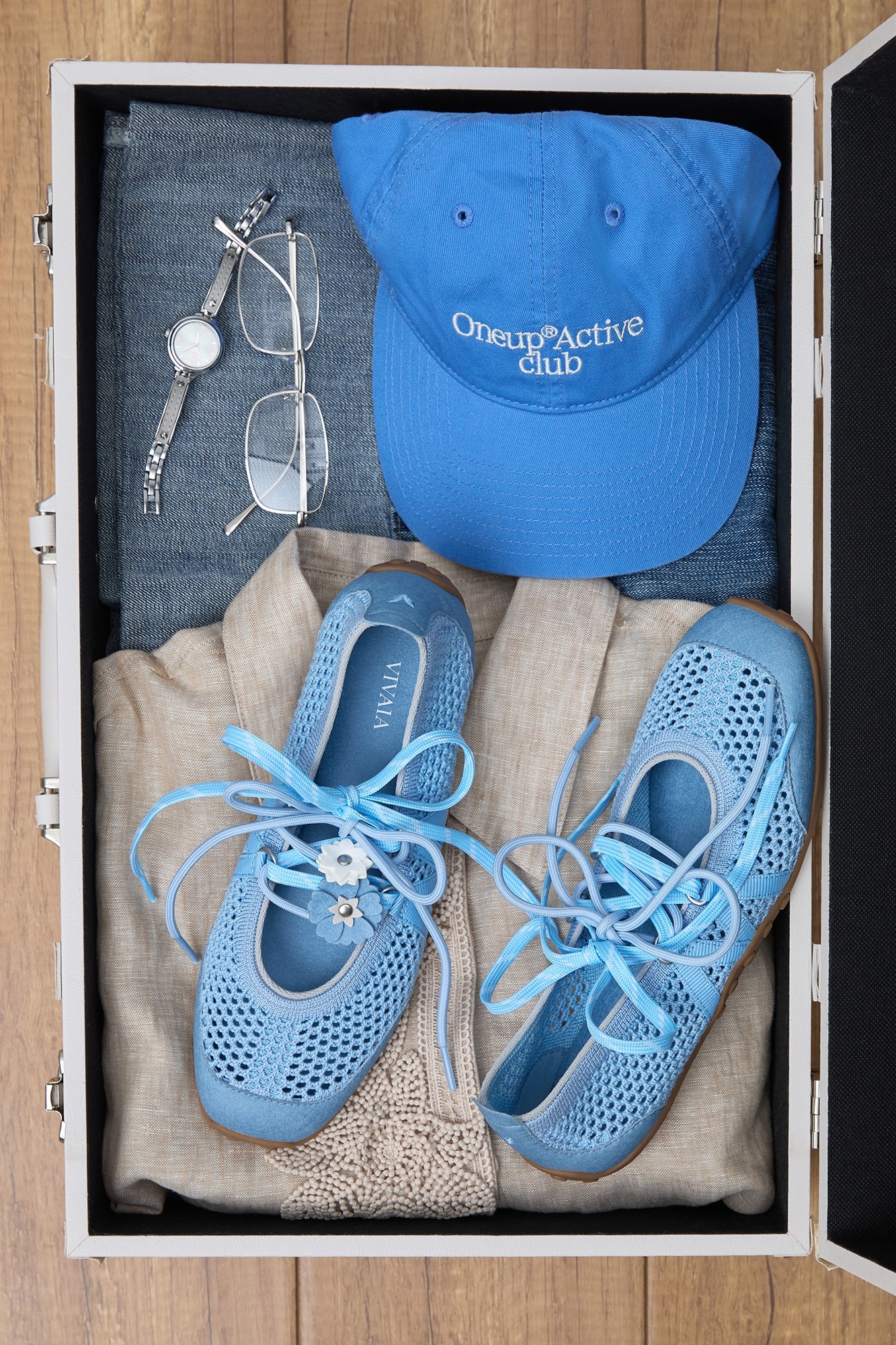 Hybrid Mesh Mary Janes — Smoke Blue in suitcase