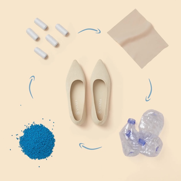 VIVAIA recycled materials cycle — 6 plastic bottles to one pair of Addison heels