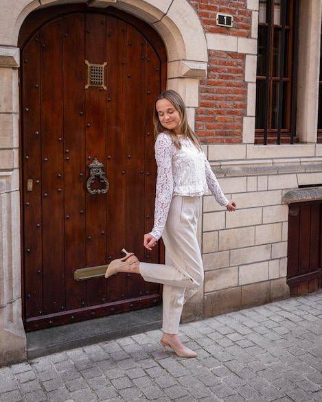 Margot wearing Addison almond heels casual chic