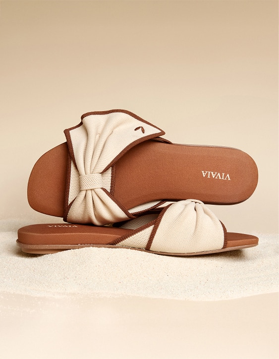 Square-Toe Bow Sandals (Dorothy), Ivory & Dark Caramel, EU35 | VIVAIA