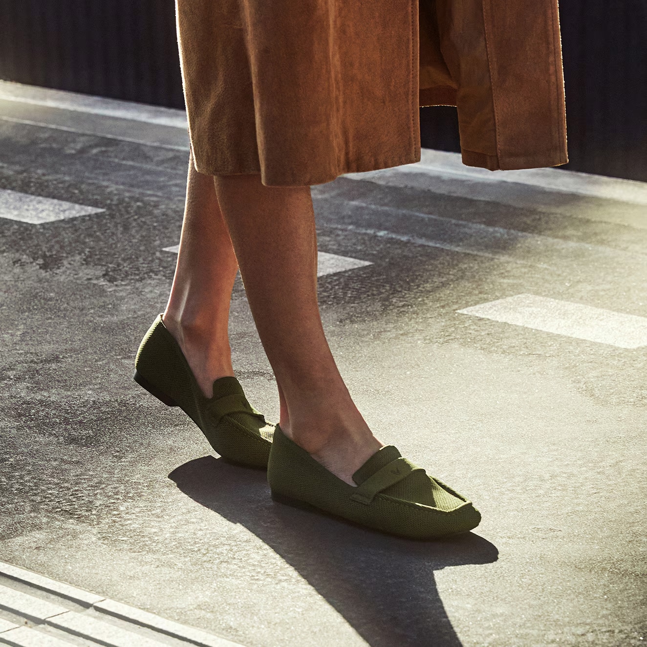Silvie olive green knit loafer with brown skirt — comfort loafers for the working week