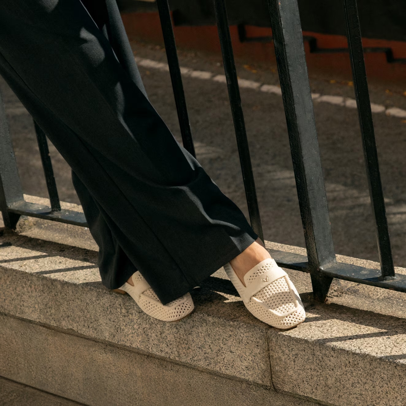 Silvie ivory knit loafer with black tailored trousers — most comfortable loafers for walking