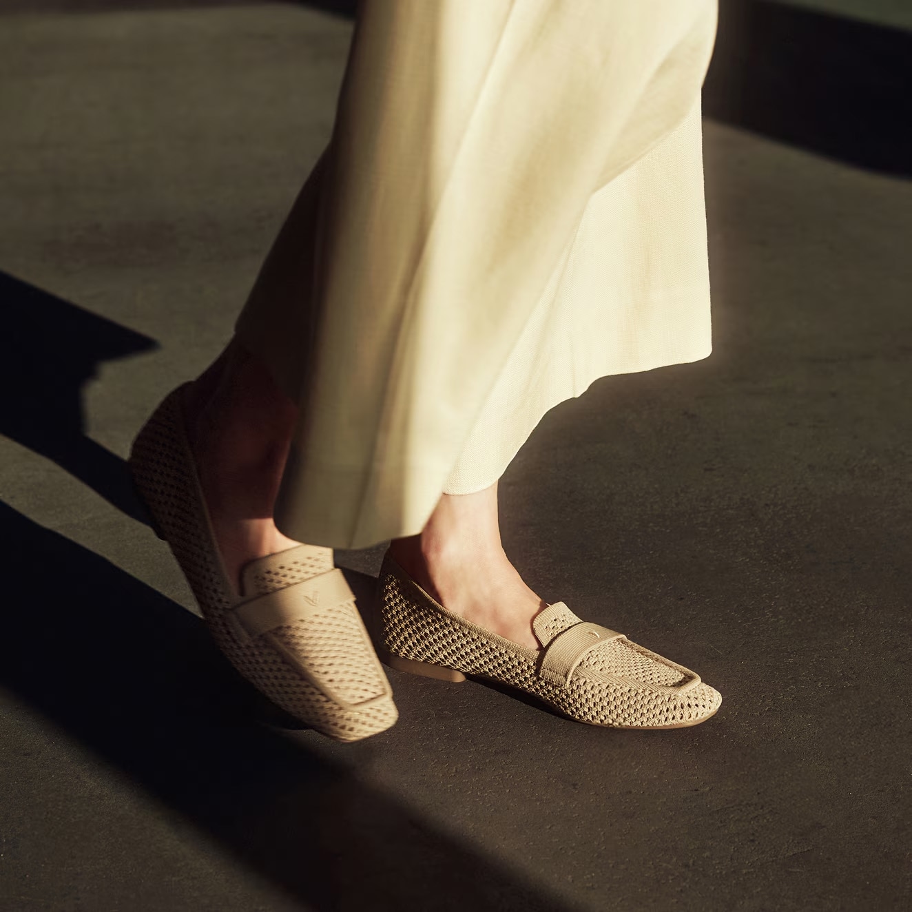Silvie nude knit loafer with linen midi skirt — stylish walking shoes for spring commute