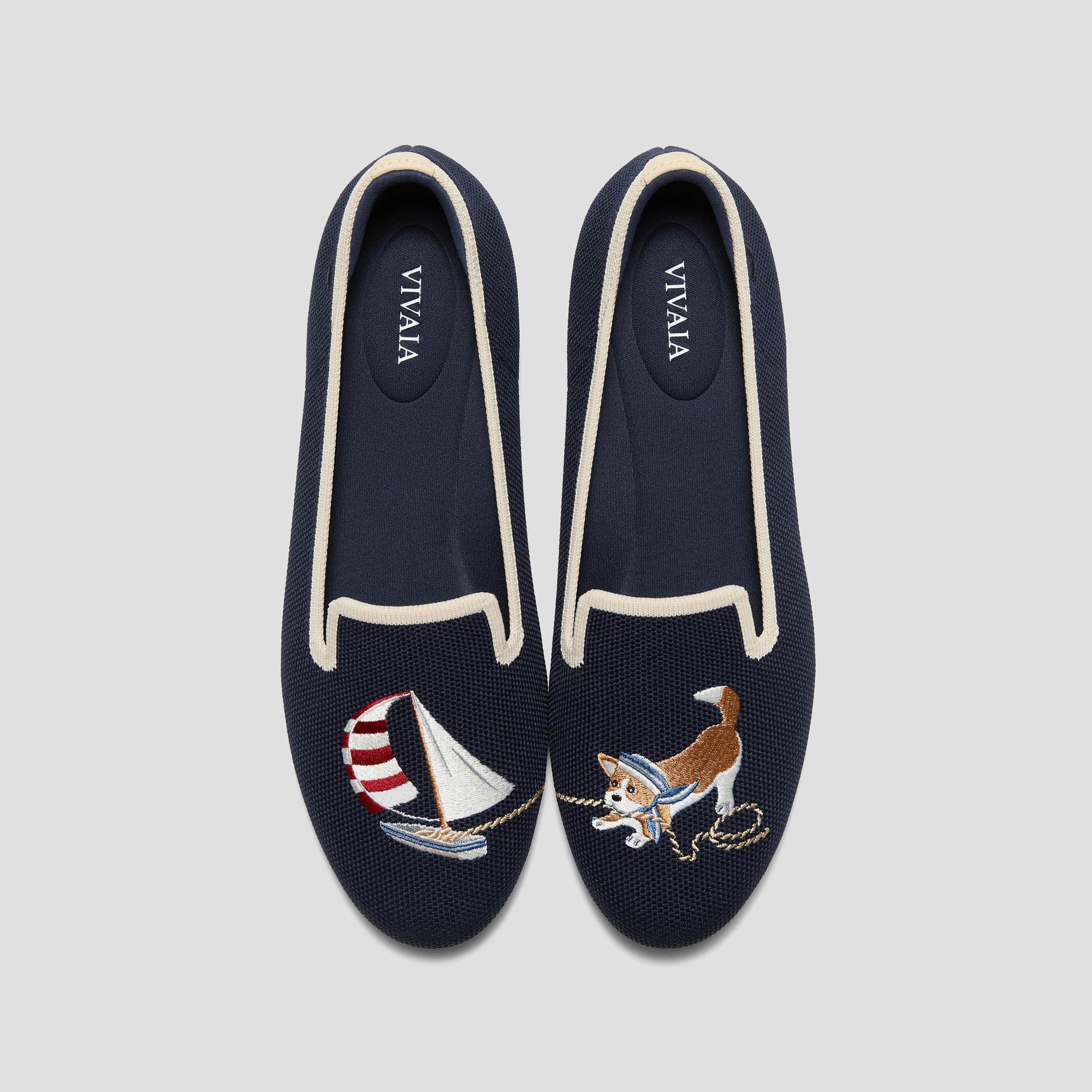 VIVAIA Audrey loafers in navy with sailor corgi embroidery
