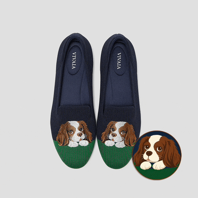 VIVAIA Audrey loafers in navy green with cavalier dog embroidery