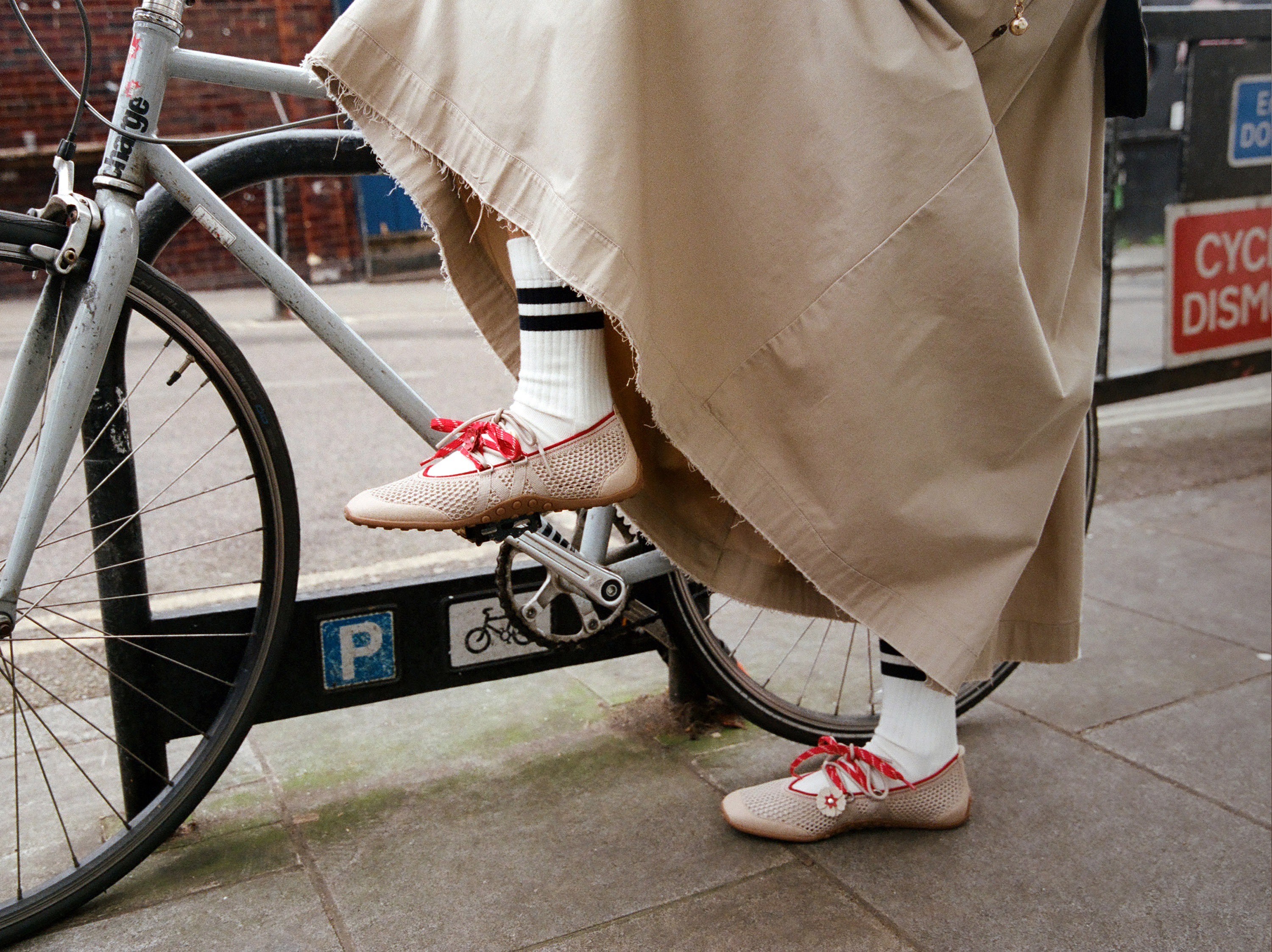 Cecily Almond Mesh Mary Jane - woman walking on European cobblestone street