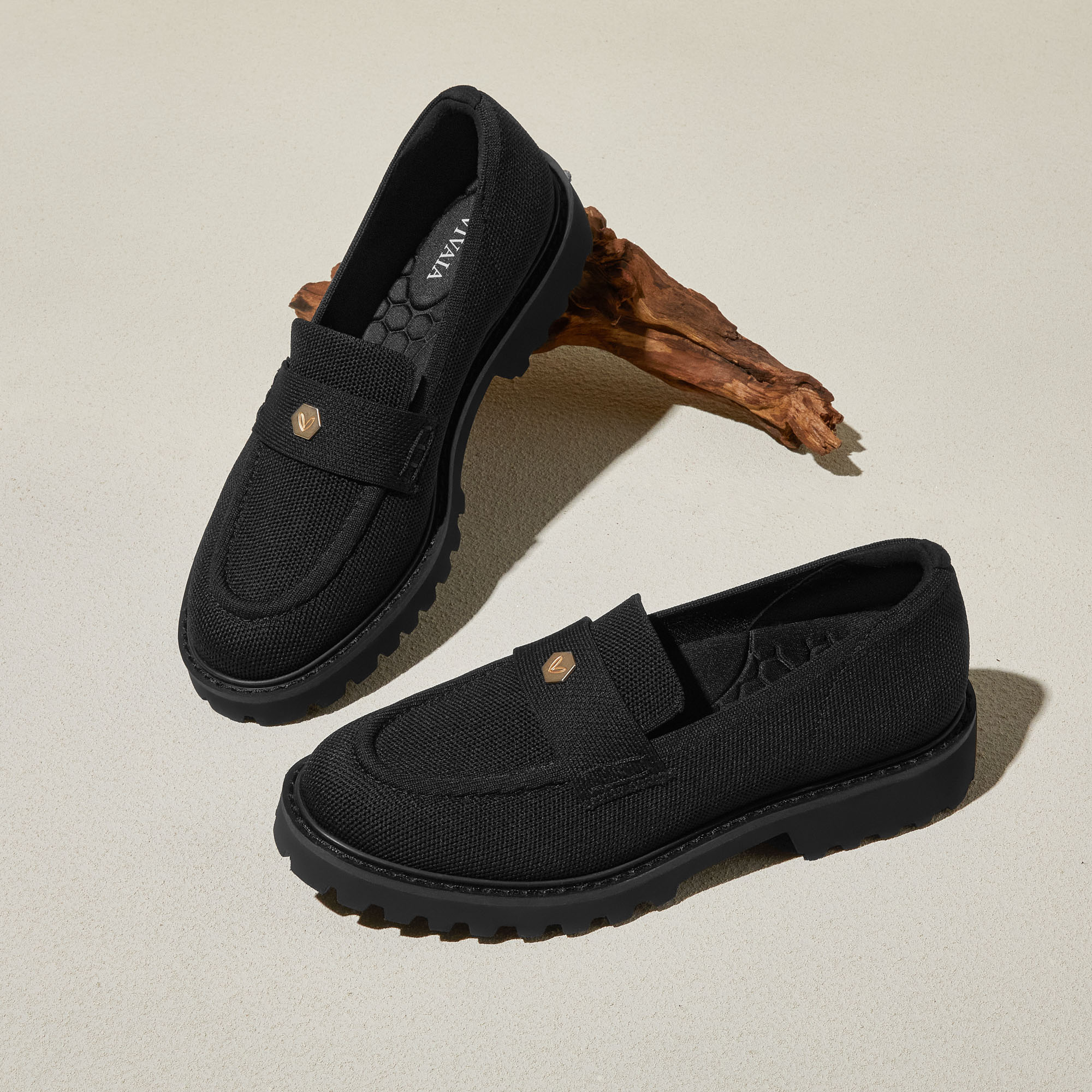 Francesca black chunky-heel loafer overhead view, showing the lugged anti-slip outsole and arch-supportive insole