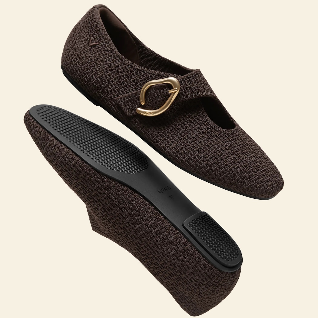 Two Dark Chocolate Jovin Mary Jane flats showing the flexible outsole