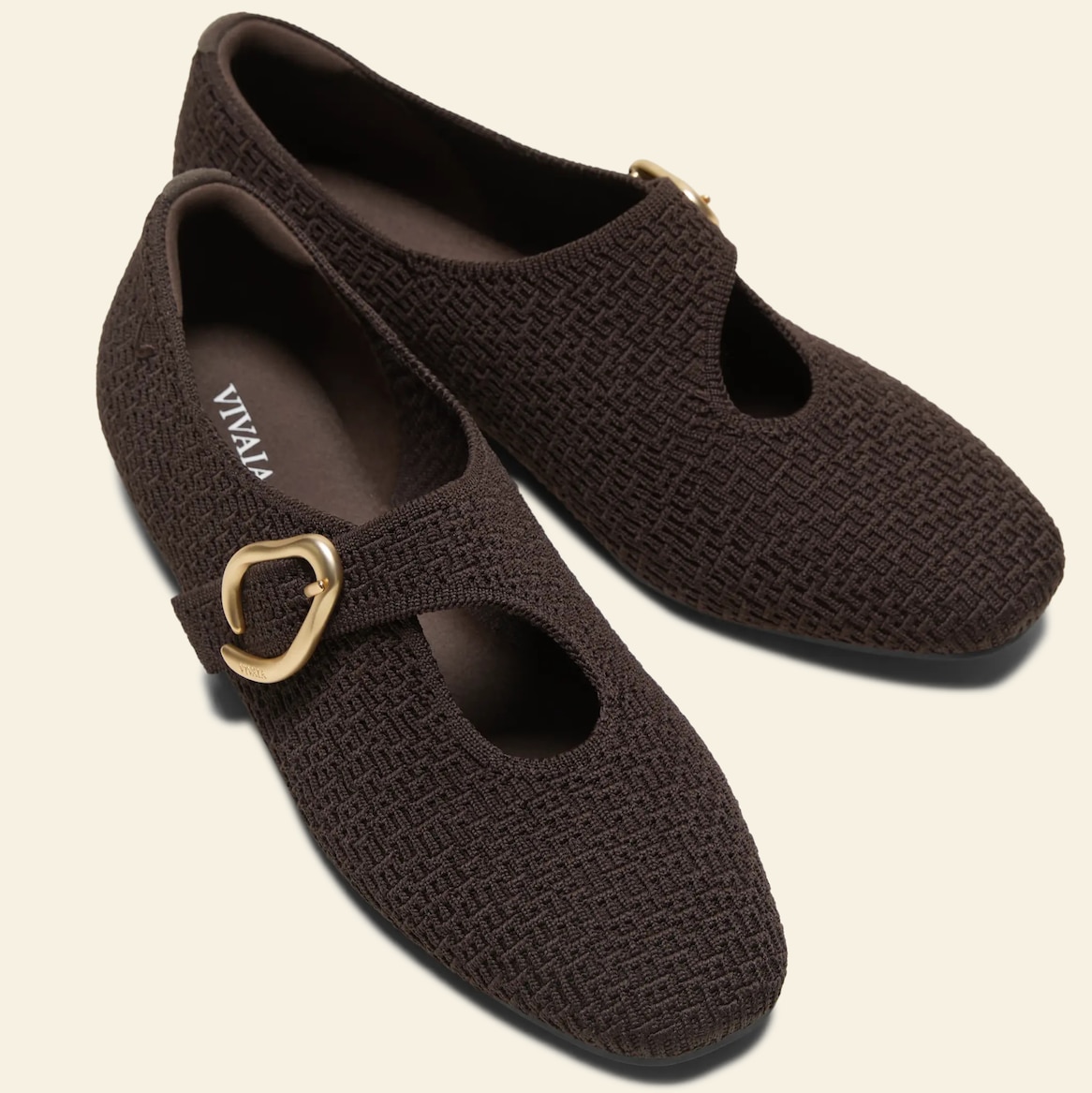 Two Dark Chocolate Jovin Mary Jane flats showing the soft knit upper