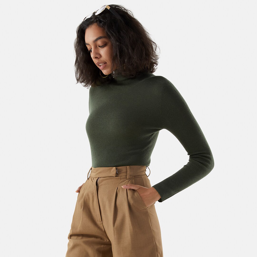 Cashmere Roll Neck Top-Grey Green