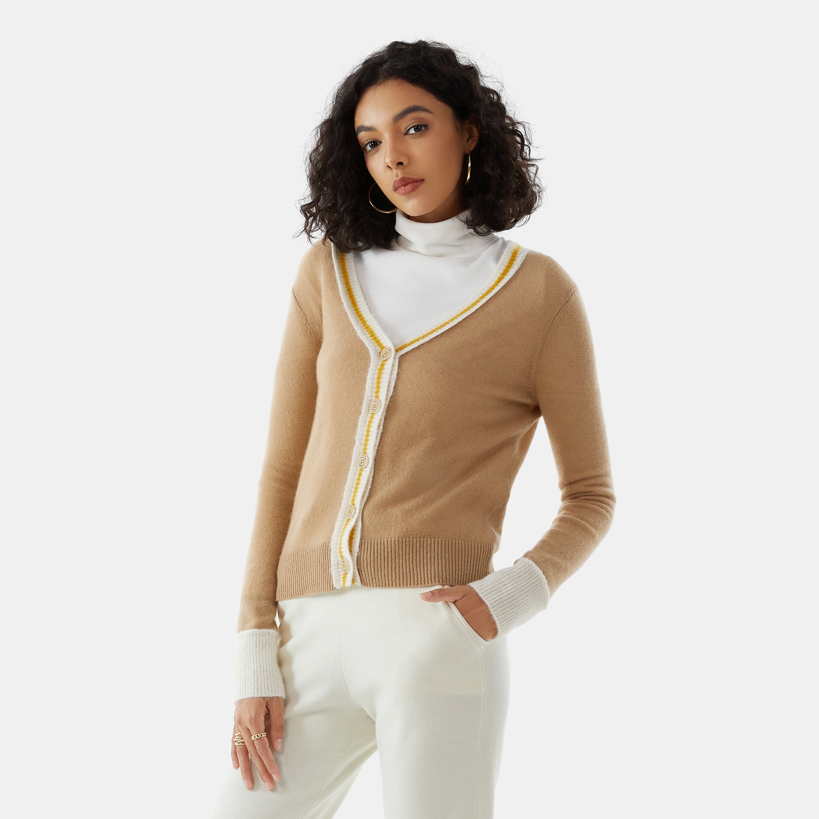 Cashmere Stripe Cardigan-Khaki Brown