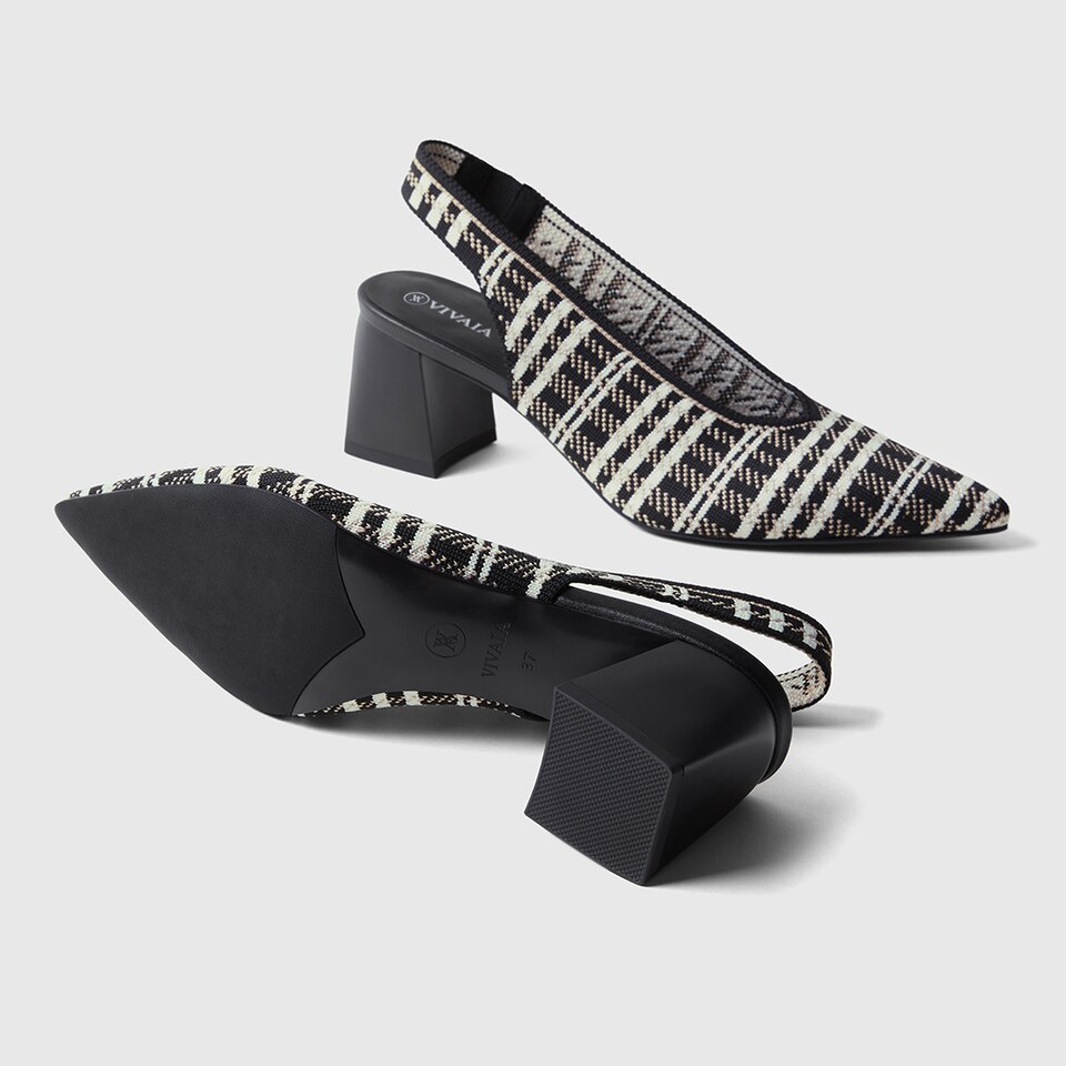 Della Pointy Heeled Sandals in Black Plaid-Sustainable & Washable | VIVAIA