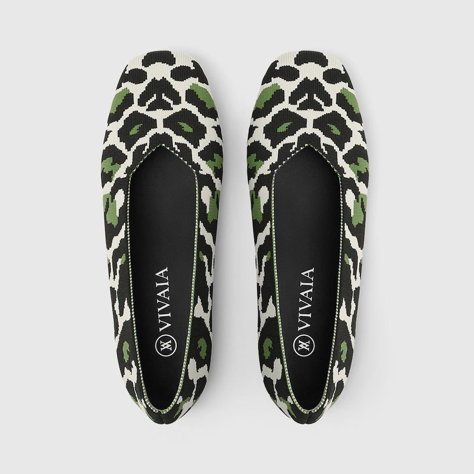 Margot Square-toe Flats for Bunions & Wide Feet in Green Leopard | VIVAIA