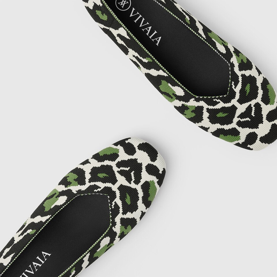 Margot Square-toe Flats for Bunions & Wide Feet in Green Leopard | VIVAIA