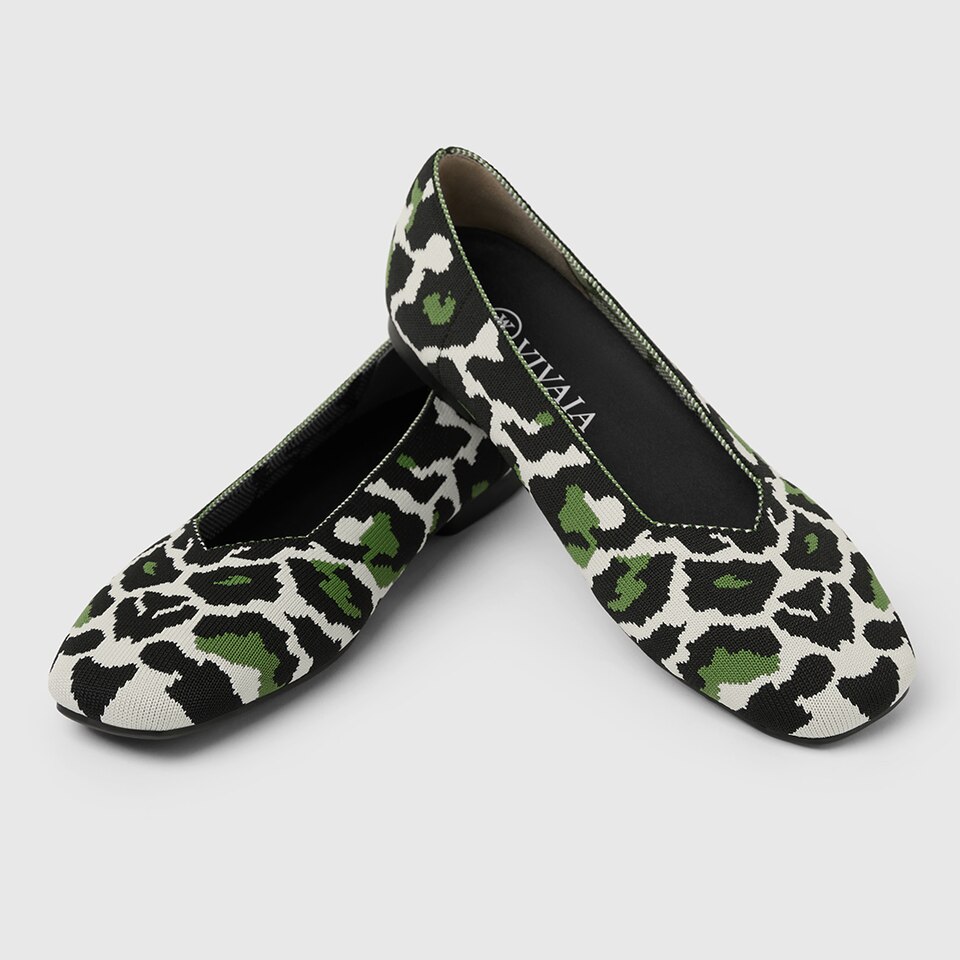 Margot Square-toe Flats for Bunions & Wide Feet in Green Leopard | VIVAIA
