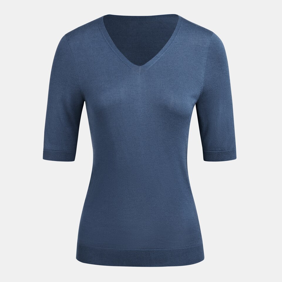 Paisley V-neck Top in Marine Blue | Women's Comfy Knitwears Made from Recycled Materials | VIVAIA