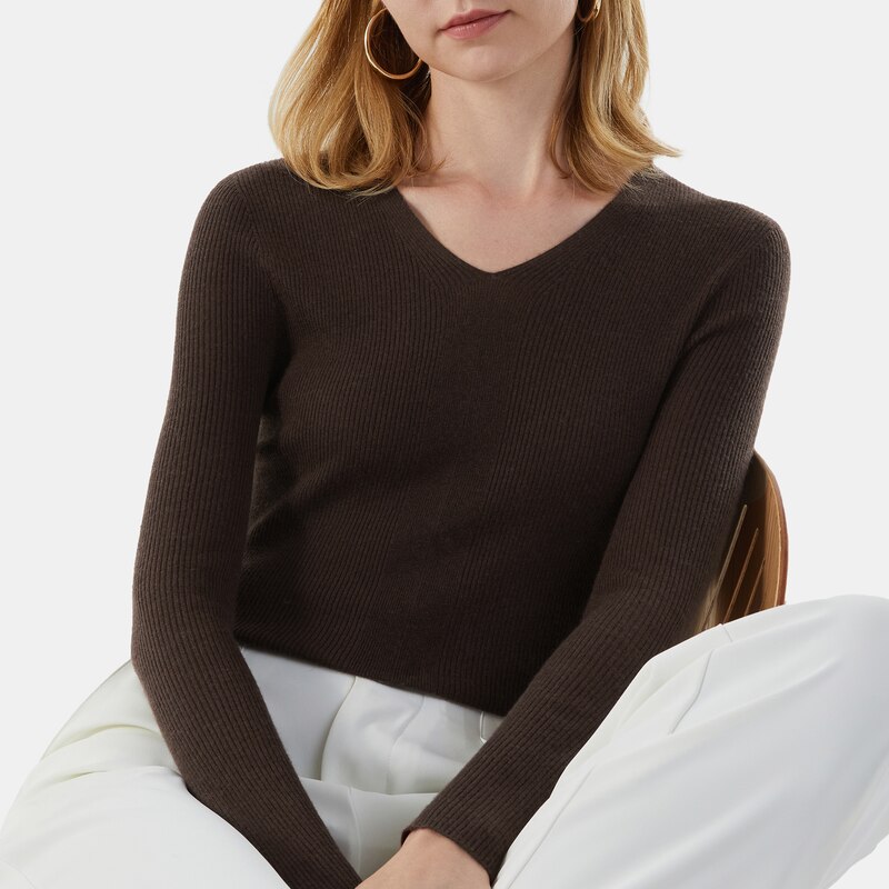 Lydia Cashmere V-neck Sweater in Coffee Brown | Women's 100% Organic Comfy Knitwears | VIVAIA