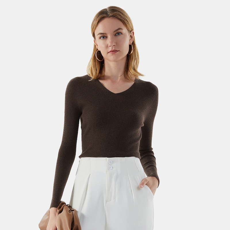 Lydia Cashmere V-neck Sweater in Coffee Brown | Women's 100% Organic Comfy Knitwears | VIVAIA