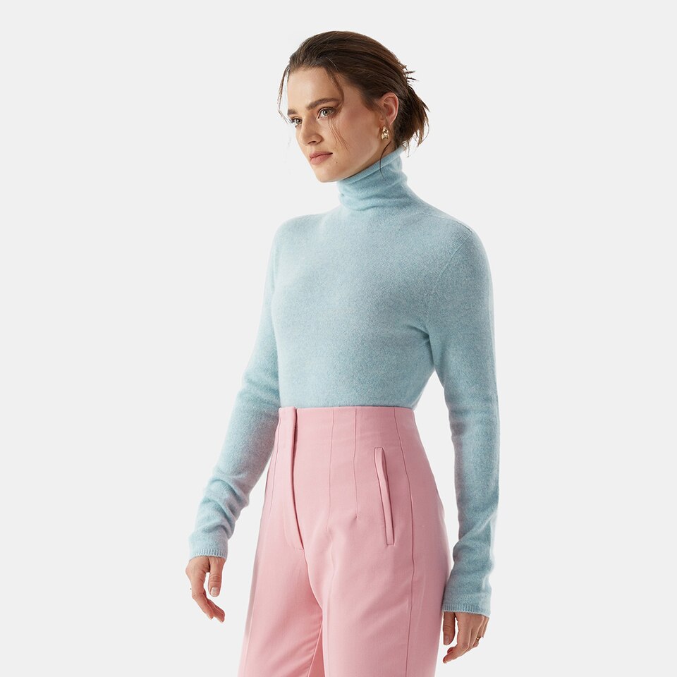 Londyn Cashmere Roll Neck Top in Cloud Blue | Women's 100% Organic Comfy Knitwears | VIVAIA
