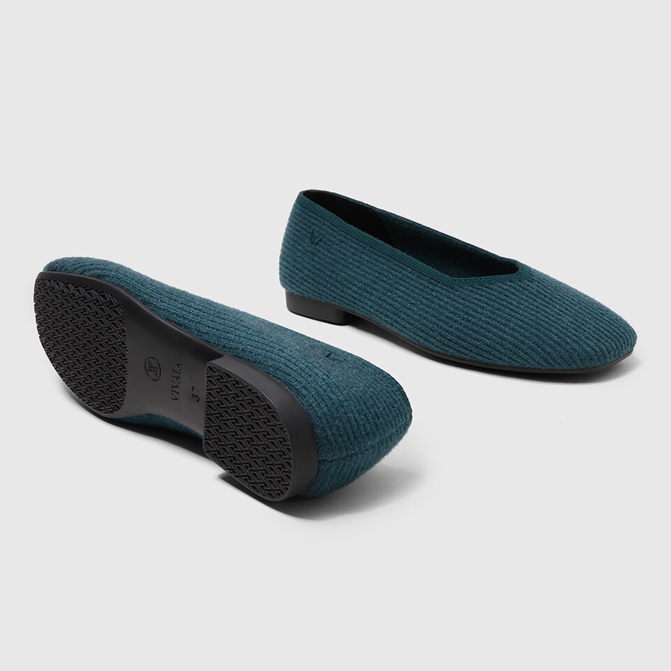 Margot Eco Fluffy Yarn Square Toe Flats for Bunions & Wide Feet in Deep Peacock | VIVAIA