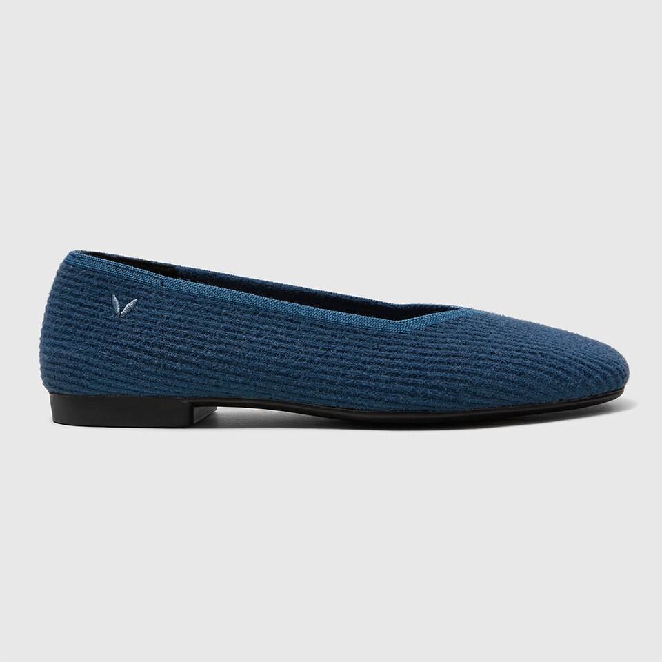 Margot Eco Fluffy Yarn Square Toe Flats for Bunions & Wide Feet in Deep Denim | VIVAIA