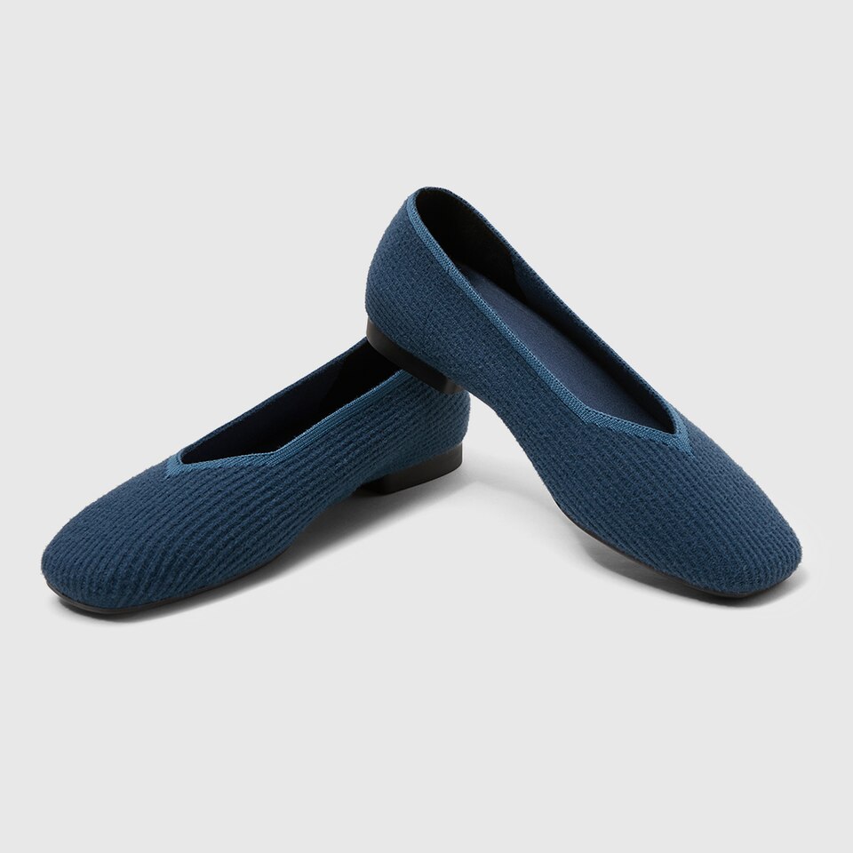 Margot Eco Fluffy Yarn Square Toe Flats for Bunions & Wide Feet in Deep Denim | VIVAIA