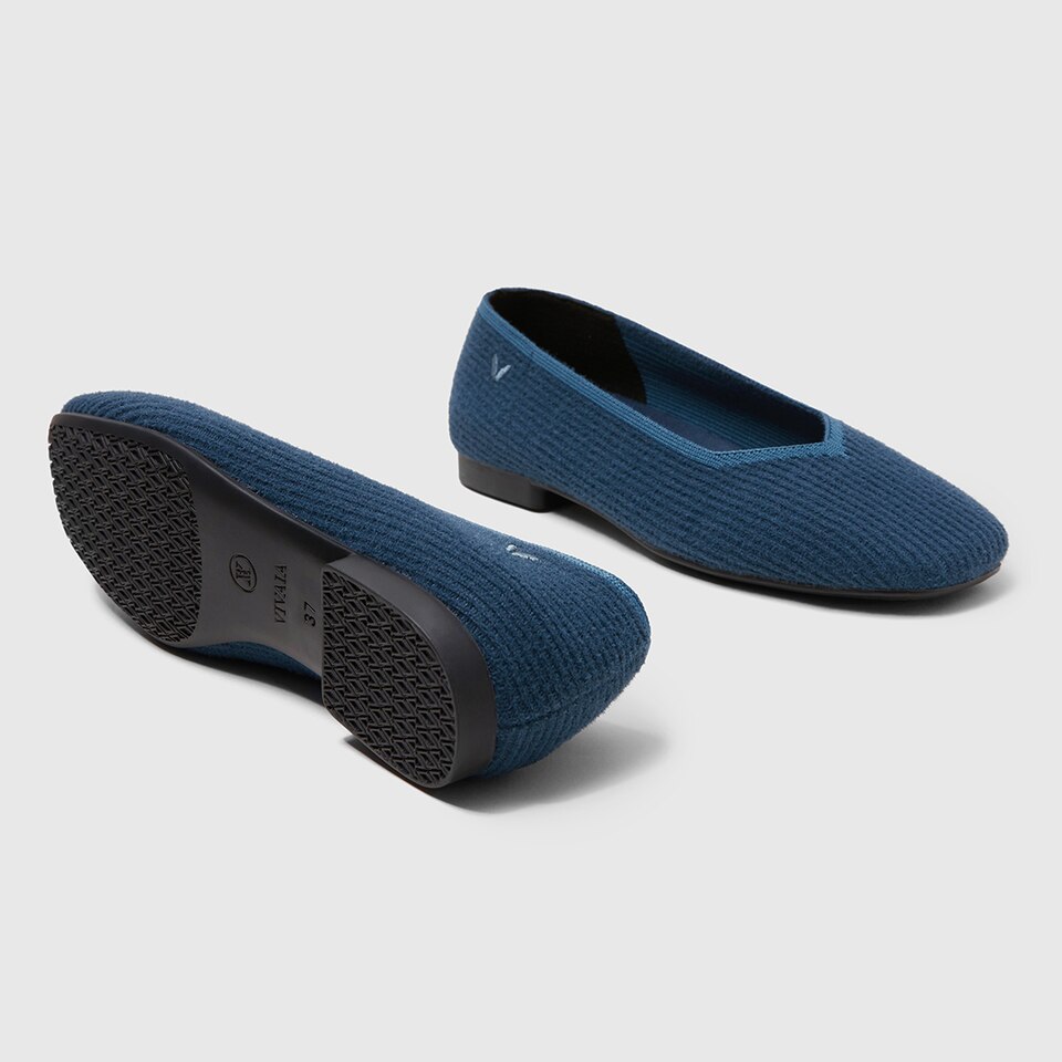 Margot Eco Fluffy Yarn Square Toe Flats for Bunions & Wide Feet in Deep Denim | VIVAIA