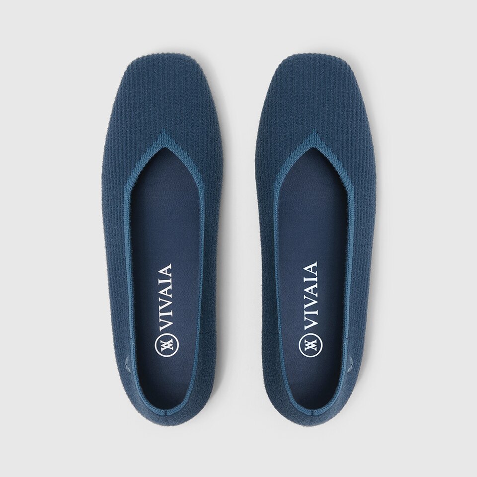Margot Eco Fluffy Yarn Square Toe Flats for Bunions & Wide Feet in Deep Denim | VIVAIA
