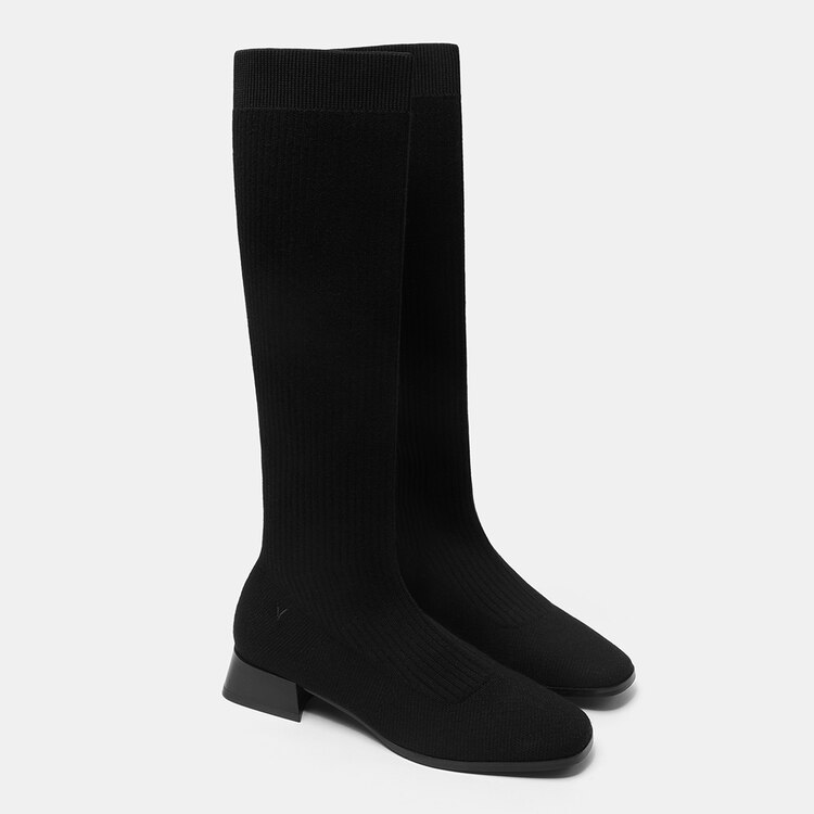 Tara Square-toe Wool Sustainable Riding Boots in Black | VIVAIA