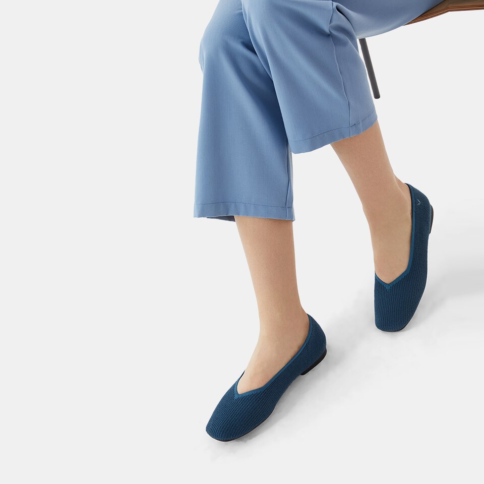 Margot Eco Fluffy Yarn Square Toe Flats for Bunions & Wide Feet in Deep Denim | VIVAIA